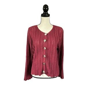 Vintage Bagatelle Burgundy Cotton Knit Cardigan 90s Grunge Granny Crochet Medium